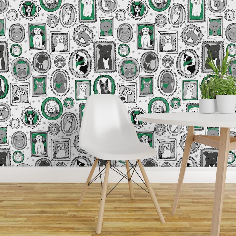 Hondenbehang - Hondenportretten van Andrea Lauren - Groenwitte honden op maat bedrukte verwijderbare zelfklevende behangrol van Spoonflower afbeelding 1