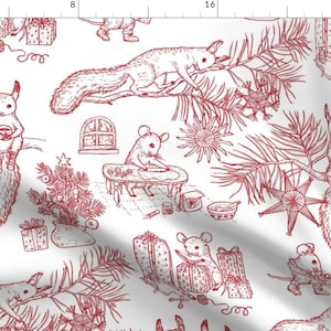 Holiday Animals Fabric - Woodland Christmas Toile By Simut - Red White Forest Squirrels Mice Cotton Fabric By The Yard With Spoonflower