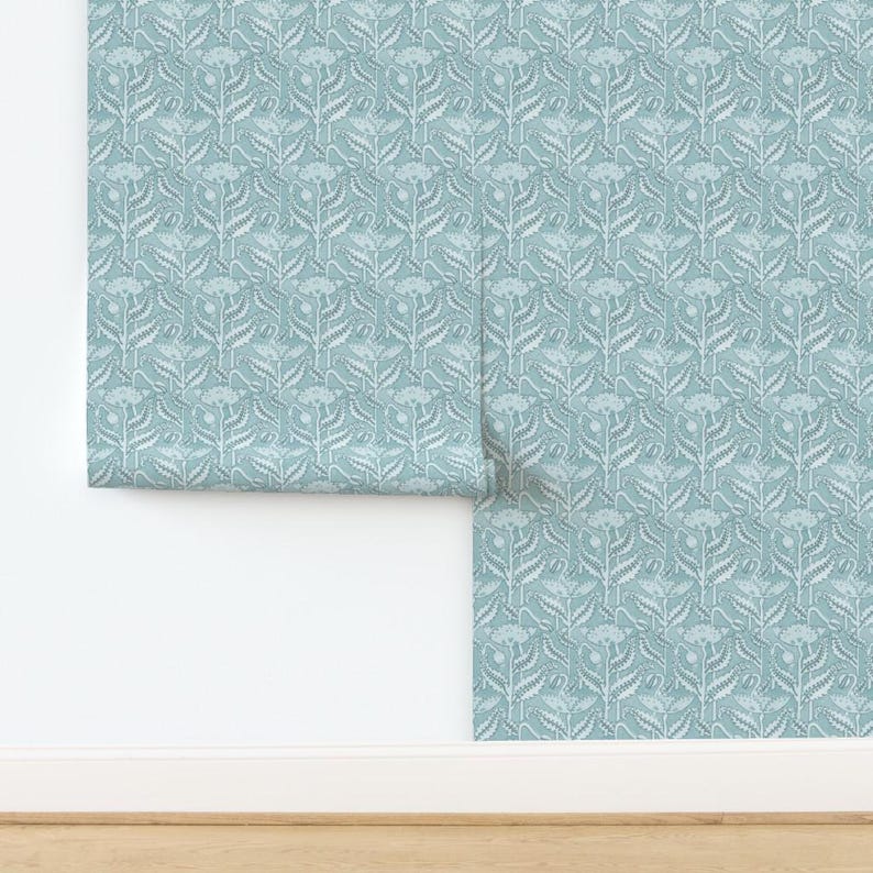Antique Wallpaper - Antique Poppy In Aquamarine By Willowlanetextiles - Custom Printed Removable Self Adhesive Wallpaper Roll by Spoonflower image 4