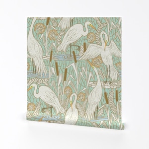 Cranes Removable Peel and Stick Wallpaper - Wildlife Pastel Mint Green Large Scale - Wall Art Wall Decor - Cranes Mint Green by illaberek