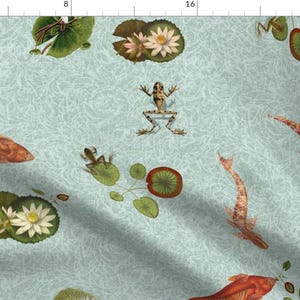 Fish Fabric - Peaceful River - Frogs And Fish By Peacoquettedesigns - Fish River Water Lily Frog Cotton Fabric By The Yard With Spoonflower