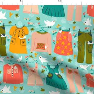 Clothesline Fabric - Laundry Day Nesters By Creativeinchi - Birds Clothing Wardrobe Closet Floral Cotton Fabric By The Yard With Spoonflower