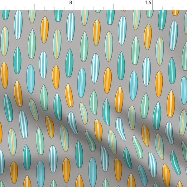 Retro Surfing Fabric - Surfboards Multi Orange Teal On Grey By Littlearrowdesign - Summer Surfing Cotton Fabric By The Yard With Spoonflower