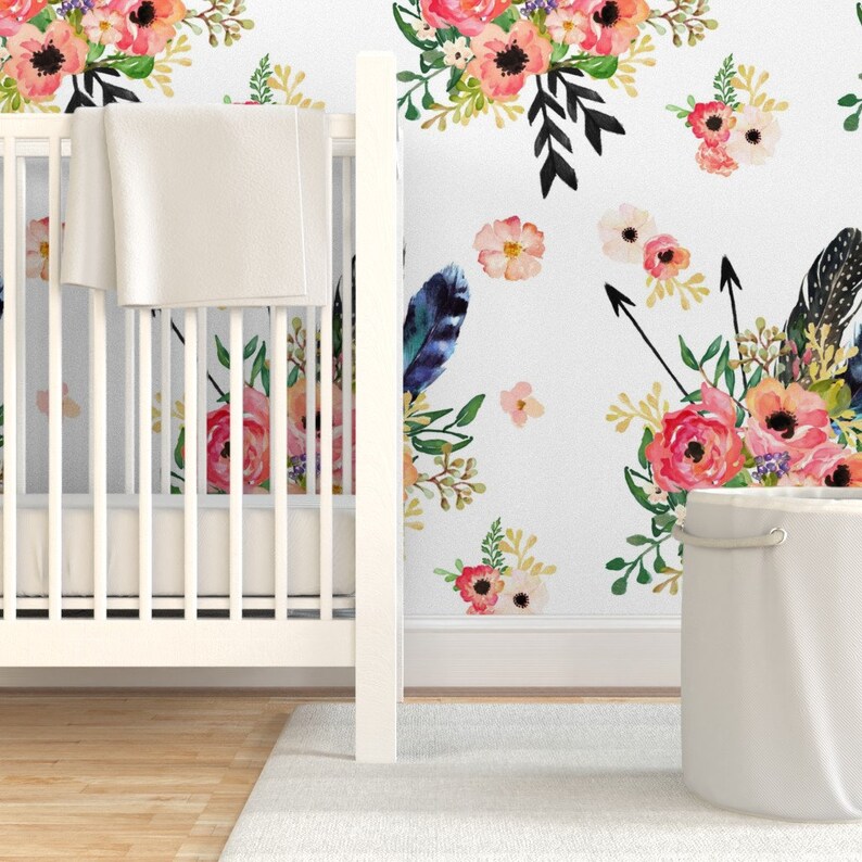 Nursery Wallpaper Boho Floral Dreams With Arrows WHITE by Etsy