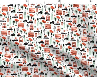 May include: A white background with a repeating pattern of red double-decker buses, black taxis, green trees, and red telephone booths. The pattern is a fun and whimsical design.
