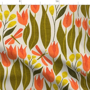 Coral Tulip Fabric - Caria Orange And Green by amy_maccready - Elegant Garden Mid Century Modern  Fabric by the Yard by Spoonflower