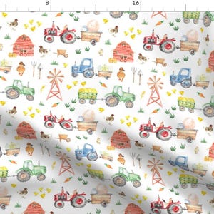 May include: A white background with a repeating pattern of watercolor farm illustrations. The illustrations include red barns, tractors, windmills, chickens, and eggs. The colors are bright and cheerful.