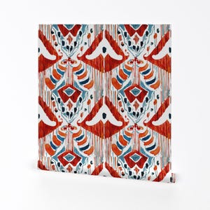 Ikat Wallpaper - Balinese Red Ikat By Tasiania - Ikat Red Blue White Custom Printed Removable Self Adhesive Wallpaper Roll by Spoonflower