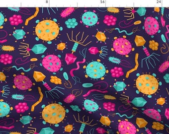 May include: A dark purple fabric featuring a repeating pattern of colorful, stylized microorganisms. The design includes various shapes and colors, such as teal, pink, yellow, and orange, creating a vibrant and scientific theme.