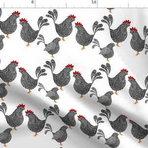 Chickens On White Fabric - Chick, Chick, Chickens 3/4 Size By Vo Aka Virginiao - Chicken Coop Cotton Fabric By The Yard With Spoonflower