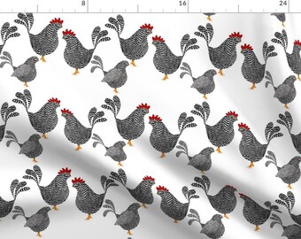 Chickens On White Fabric - Chick, Chick, Chickens 3/4 Size By Vo Aka Virginiao - Chicken Coop Cotton Fabric By The Yard With Spoonflower