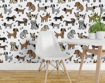 Papel pintado de perros - Perros de Andrea Lauren - Marrón Blanco Mascotas Animales Niños Razas de perros Veterinario Papel pintado autoadhesivo removible en rollo de Spoonflower