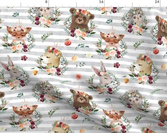 Baby Animals Floral Fabric - Paprika Floral Wreath Animals By Karolina Papiez - Woodland Floral Cotton Fabric By The Yard With Spoonflower