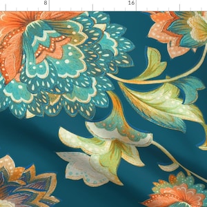 Orange Chintz Fabric -  Teal Chintz Orange by chicca_besso - Large Scale Floral Teal Blue Orange  Fabric by the Yard by Spoonflower