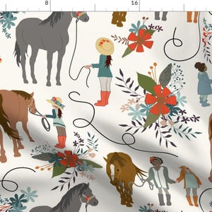 Equestrian Girls Fabric - Dreaming By Fernlesliestudio - Horses Flowers Children Equestrian Girls Cotton Fabric By The Yard With Spoonflower