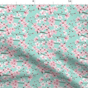 Mint Blossoms Fabric - Pink Cherry Blossom by magentarosedesigns - Sakura Watercolor Botanical Cherry Tree Fabric by the Yard by Spoonflower