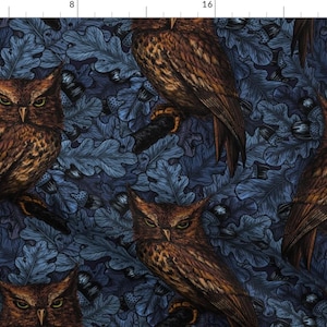 Gothic Fabric - Owls In The Oak Tree by katerina_kirilova - Dark Academia Maximalist Oak Leaves Fairy Tale Fabric by the Yard by Spoonflower