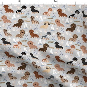 Dachshund Fabric - Doxie Coastal Fabric - Dogs At The Coast Summer Sand Gray By Petfriendly - Dog Cotton Fabric By The Yard With Spoonflower