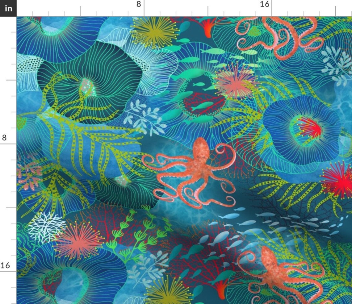 Octopus Fabric Aquatic Dance by Honoluludesign Underwater | Etsy