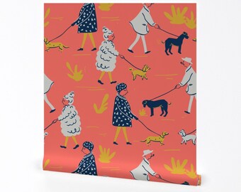 Dog Wallpaper - Walking The Dogs By Charlotte Lorge - Pets Coral Navy Custom Printed Removable Self Adhesive Wallpaper Roll by Spoonflower