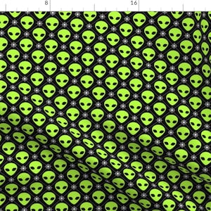 Alien Heads Fabric - Alien Star By Shala - Alien Heads Extraterrestrial Stars Checked Black Green Cotton Fabric By The Yard With Spoonflower