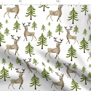 Watercolor Woodland Fabric - Hello Deer By Shopcabin - Deer Buck Animal Forest Evergreen Woodland Cotton Fabric By The Yard With Spoonflower