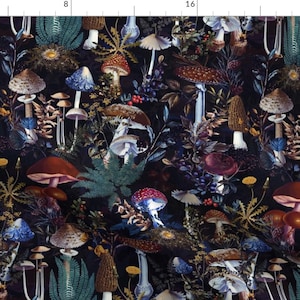 May include: A dark blue background with a repeating pattern of colourful mushrooms and ferns. The mushrooms are in various shapes and sizes, with some having red, white and blue accents. The ferns are a deep green colour.