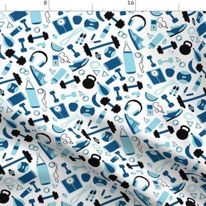 Blue Gym Equipment Fabric - Time To Hit The Gym By Vintage Style - Gym Blue Fitness Pattern Cotton Fabric By The Yard With Spoonflower