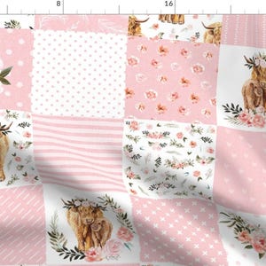 Pink Highland Cow Fabric - Highland Cow Cheater Quilt by karolina_papiez - Cheater Quilt Blush Floral Fabric by the Yard by Spoonflower