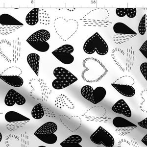 Black And White Heart Doodles Fabric - Black And White Boro Heart By Marketa Stengl - Heart Cotton Fabric By The Yard With Spoonflower