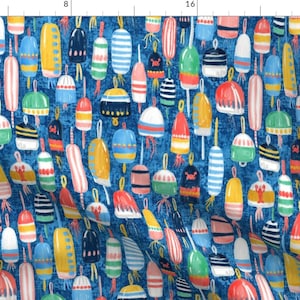 Buoy Colorful Lake Boat Blue Red Fabric - Lobster Buoys Maximalism By Helenpdesigns - Buoy Cotton Fabric By The Yard With Spoonflower