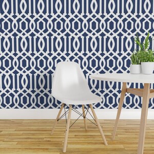 Blue Wallpaper - Victoria Trellis in Navy Linen by Willow Lane Textiles - Custom Removable Self Adhesive Wallpaper Roll by Spoonflower