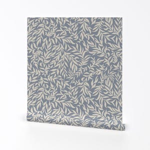 Blue Botanical Removable Peel and Stick Wallpaper - Gray Blue Leaves Simple - Wall Art Wall Decor - Willow Leaves by wildspiraldesigns