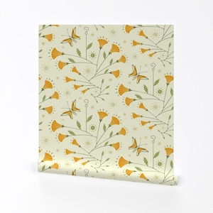 Mid Century Wallpaper - Super Bloom By Studioxtine - Yellow Orange Green Floral Mod Removable Self Adhesive Wallpaper Roll by Spoonflower