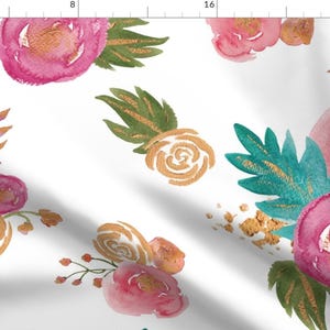 Large Floral Fabric - Gold Teal Pink Floral By Twodreamsshop - Boho Pink Flowers Modern Nursery Cotton Fabric by the Yard with Spoonflower