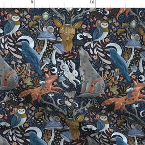 Woodland Fairy Fabric - Whimsical by gaiamarfurt - Night Forest Fairy Tale Folk Art Wolf Fox Hare Mushroom Fabric by the Yard by Spoonflower