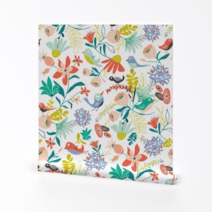 Bird Wallpaper - Gracie&#39;s Garden Bird Floral By Heatherdutton - Spring Custom Printed Removable Self Adhesive Wallpaper Roll by Spoonflower