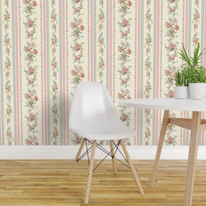 Cottagecore Stripe Removable Peel and Stick Wallpaper - Victorian Flowers - Wall Art Wall Decor - Belvedere Floral by peacoquettedesigns