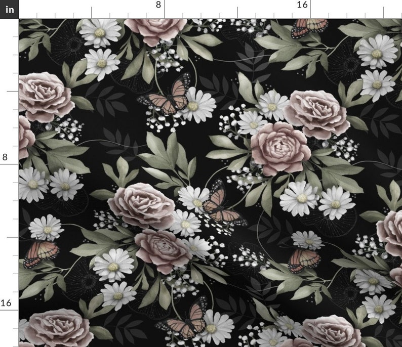 Muted Gray Floral Pattern Fabric Moody Florals By Whimsical Etsy