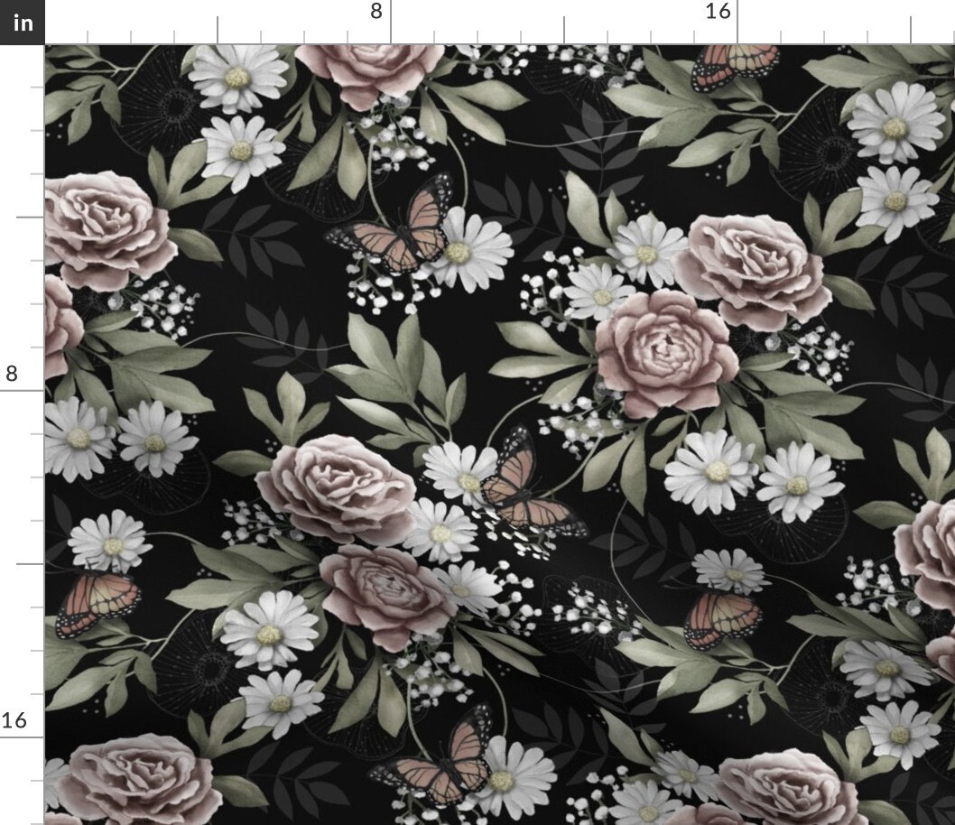 Muted Gray Floral Pattern Fabric Moody Florals by Whimsical Etsy