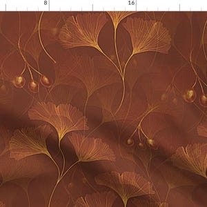 Gingko Tree Leaves Fabric - Ginkgo Biloba-Coffee By Wren Leyland - Gingko Tree Leaves Forest Seed Cotton Fabric By The Yard With Spoonflower