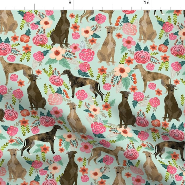 Brindle Fabric - Brindle Greyhound Mint Florals Fabric- Greyhound Dog Cotton Fabric by the Yard with Spoonflower fabrics