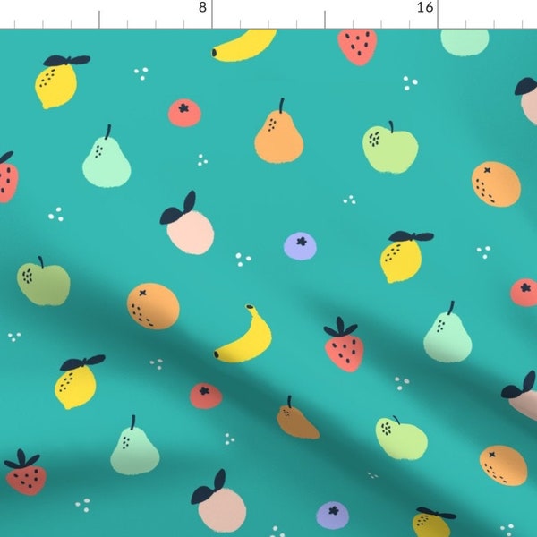 Whimsical Fruit Fabric - Cute Fruits by vilmosvarga - Colorful Citrus Fun Cute Happy Cheerful Teal Mint Fabric by the Yard by Spoonflower