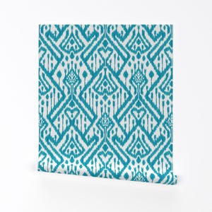 Sea Blue Wallpaper - Seablue Turquoise Deco Ikat By Aygeartist - Blue Custom Printed Removable Self Adhesive Wallpaper Roll by Spoonflower
