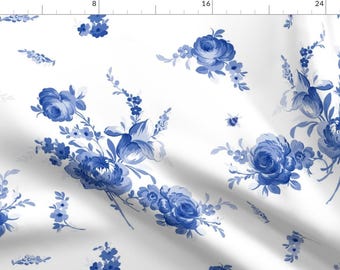 Blue Roses Fabric - Olivia In Ink By Lilyoake - Roses Blue Vintage Florals Flowers Cotton Fabric By The Yard With Spoonflower