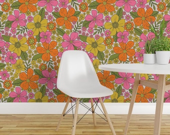 Florale Tapete zum Aufkleben - Blumen Retro 60er 70er Flower Power - Abnehmbare Tapete - Retro 1960s1970s Floral von somecallmebeth