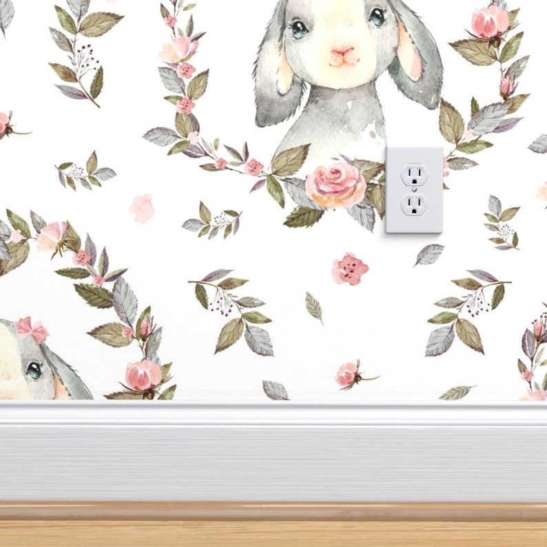 Bunny Wallpaper Pink Bunny With Bow Flowers By Shopcabin | Etsy