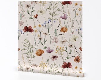 Cottagecore Wallpaper - Flores silvestres de acuarela pintadas a mano por Utart - Rollo de papel pintado autoadhesivo extraíble botánico rosa de Spoonflower