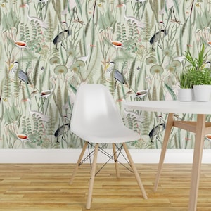 Coastal Wallpaper - Herons In Marsh By Down River Homegoods - Light Green Swamp Bird Removable Self Adhesive Wallpaper Roll by Spoonflower image 1