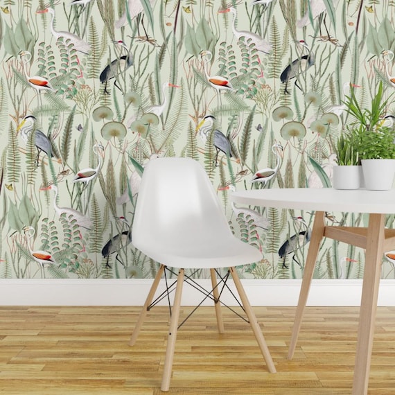 Coastal Wallpaper - Herons In Marsh By Down River Homegoods - Light Green Swamp Bird Removable Self Adhesive Wallpaper Roll by Spoonflower